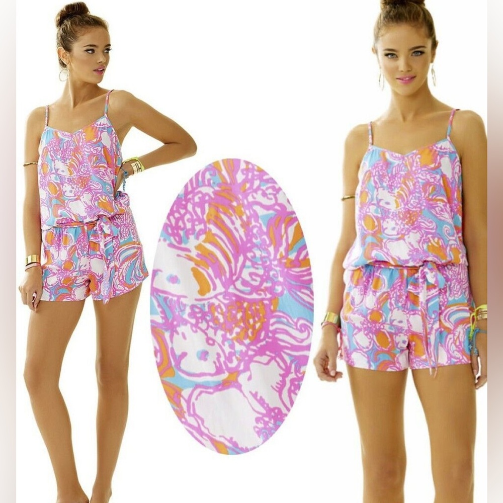 Lilly Pulitzer Deanna Shorely Blue Feeling Tanked Print Shorts Romper‎ Size XS